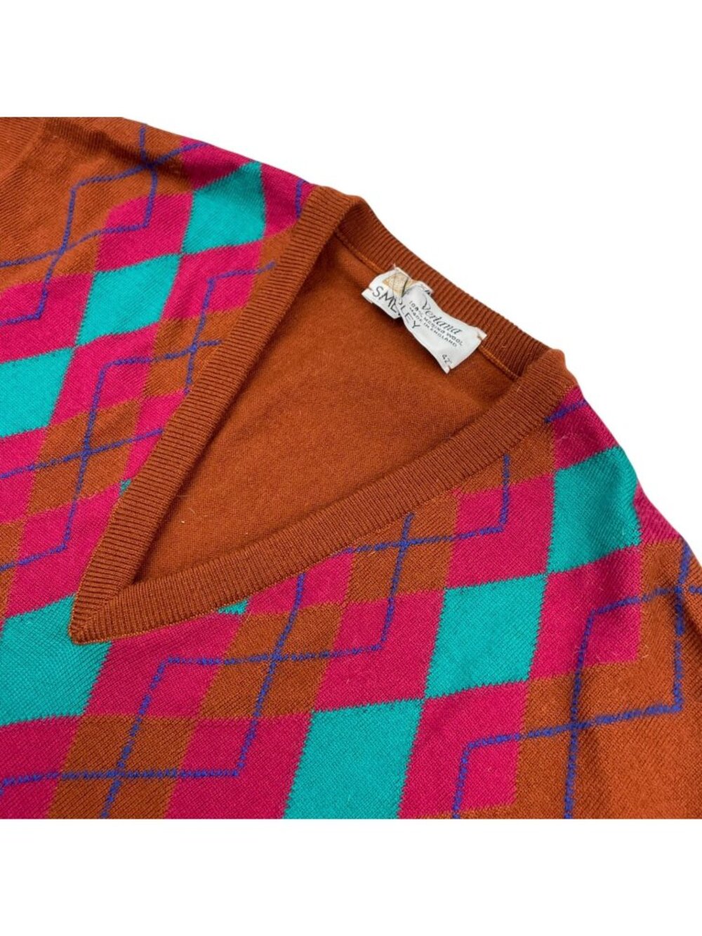 VTG John Smedley Men's 100% Wool V-Neck Sweater Brown/Pink/Teal Argyle • Size 42